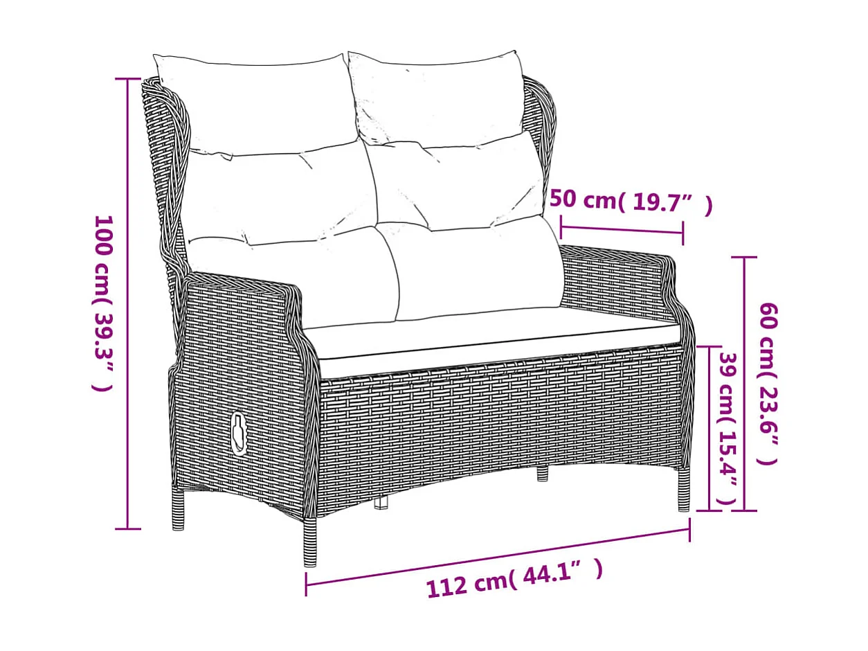 Panca da Giardino a 2 Posti con Cuscini in Polyrattan Nero
