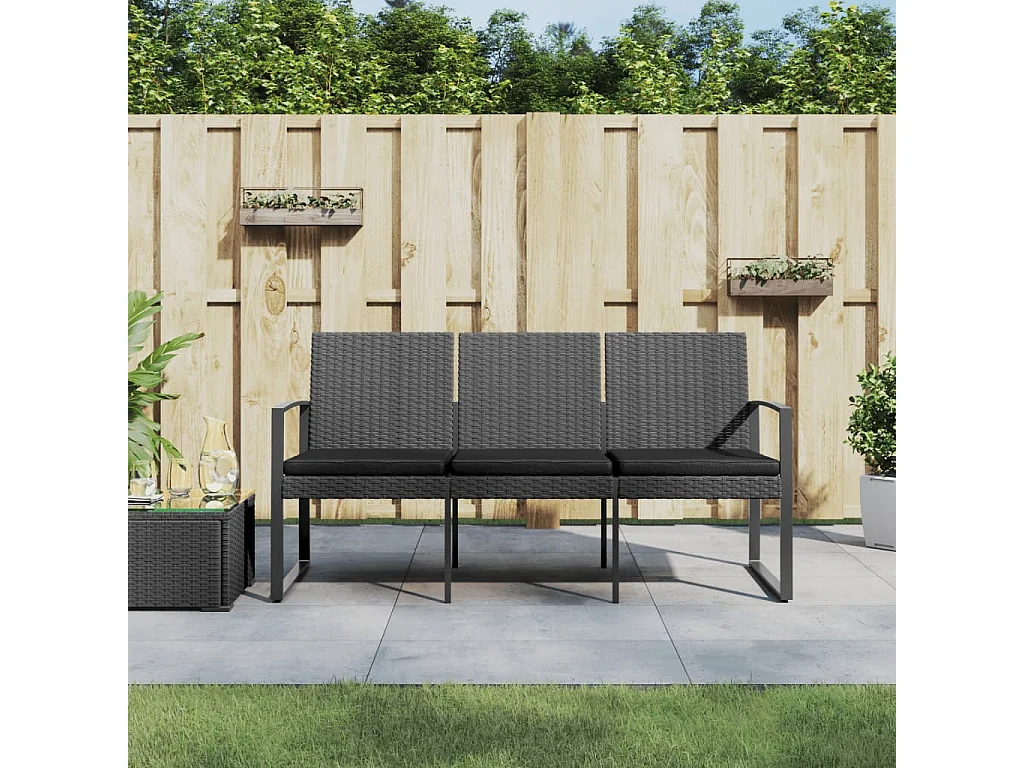 Banc de jardin à 3 places et coussins gris foncé PP rotin