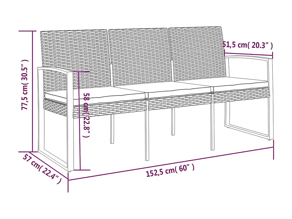 Banc de jardin à 3 places et coussins gris foncé PP rotin