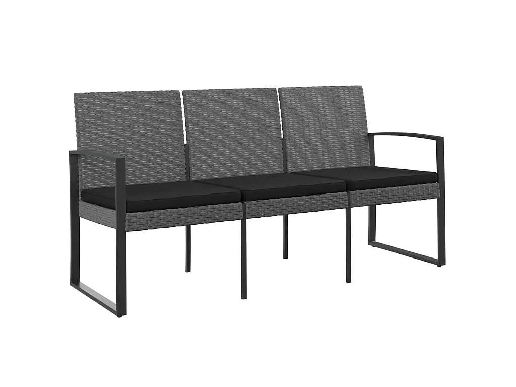 Banc de jardin à 3 places et coussins gris foncé PP rotin