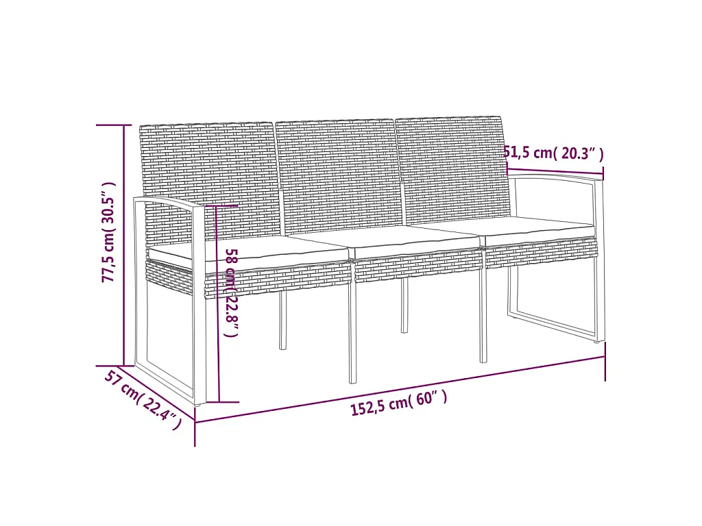 Banc de jardin à 3 places et coussins gris foncé PP rotin