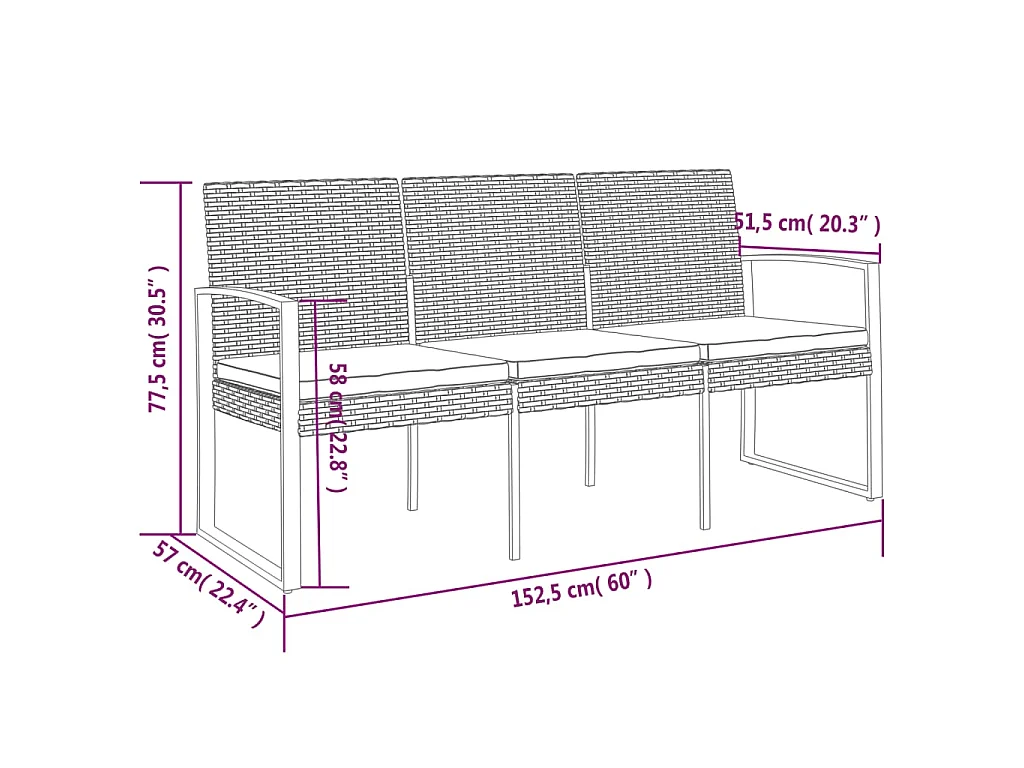 Panca da Giardino a 3 Posti con Cuscini in Rattan PP Nero