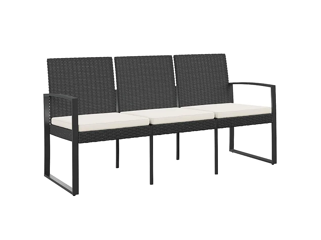 Gartenbank 3-Sitzer mit Kissen Schwarz PP-Rattan