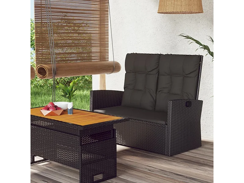 Banco jardín reclinable y cojines ratán sintético negro 118 cm