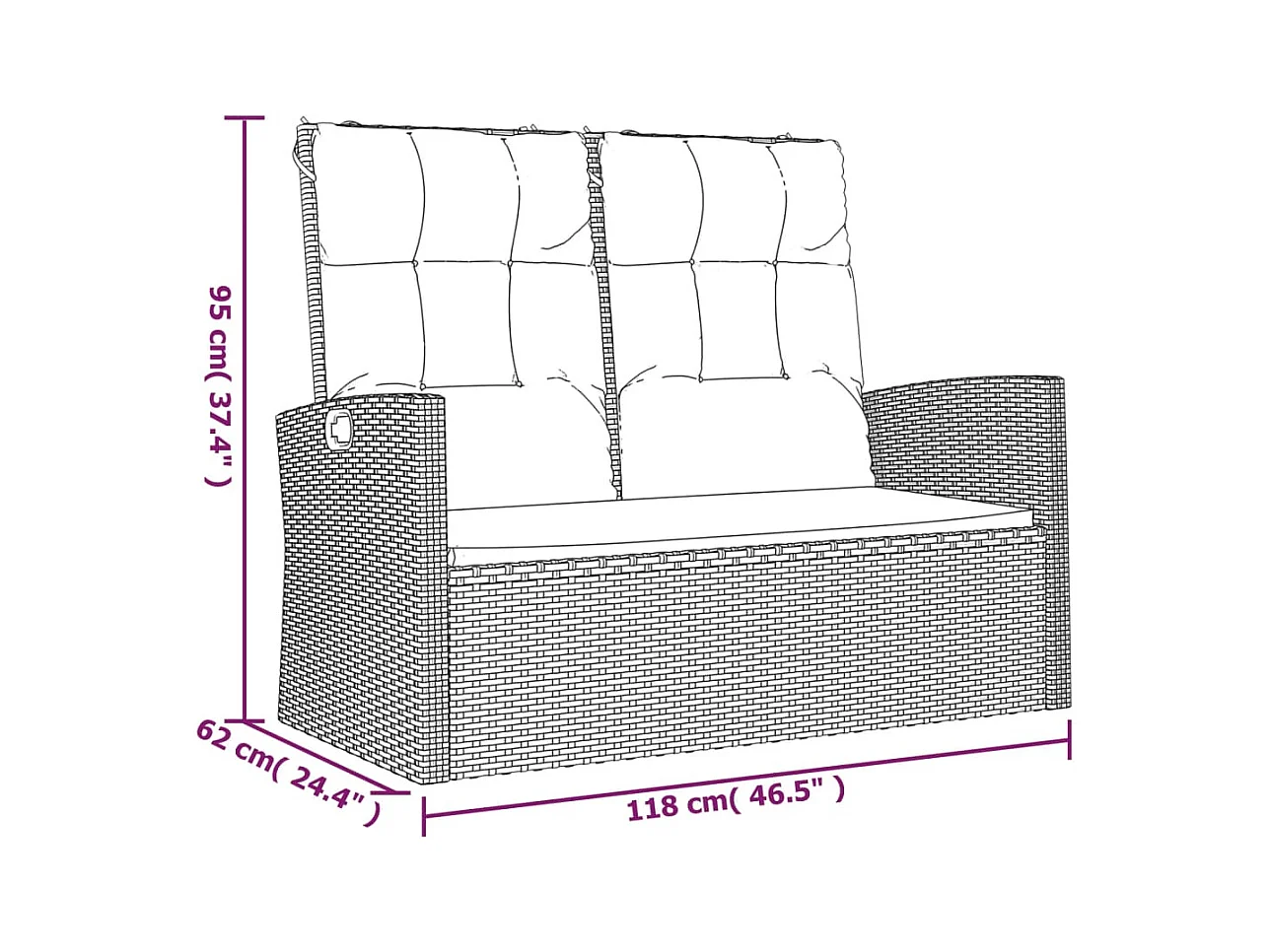 Banco jardín reclinable y cojines ratán sintético negro 118 cm