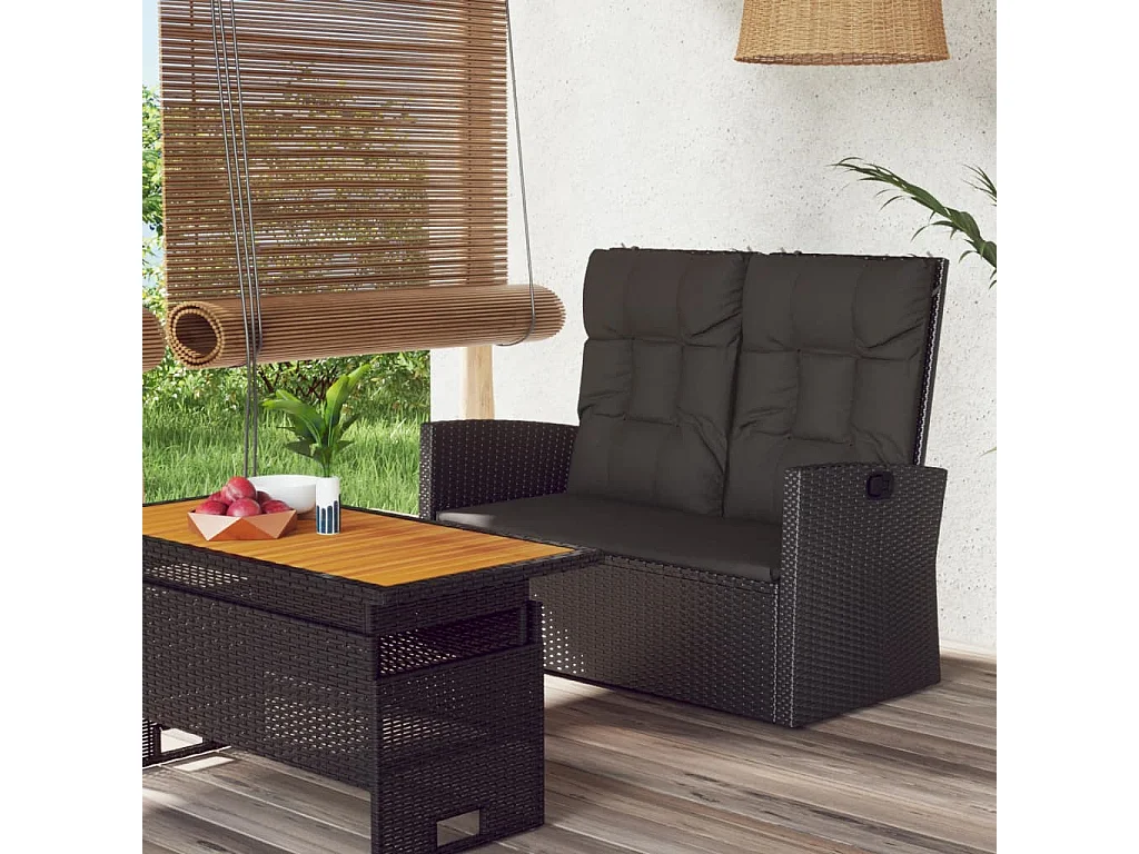 Gartenbank mit Liegefunktion & Kissen Schwarz 118cm Poly Rattan