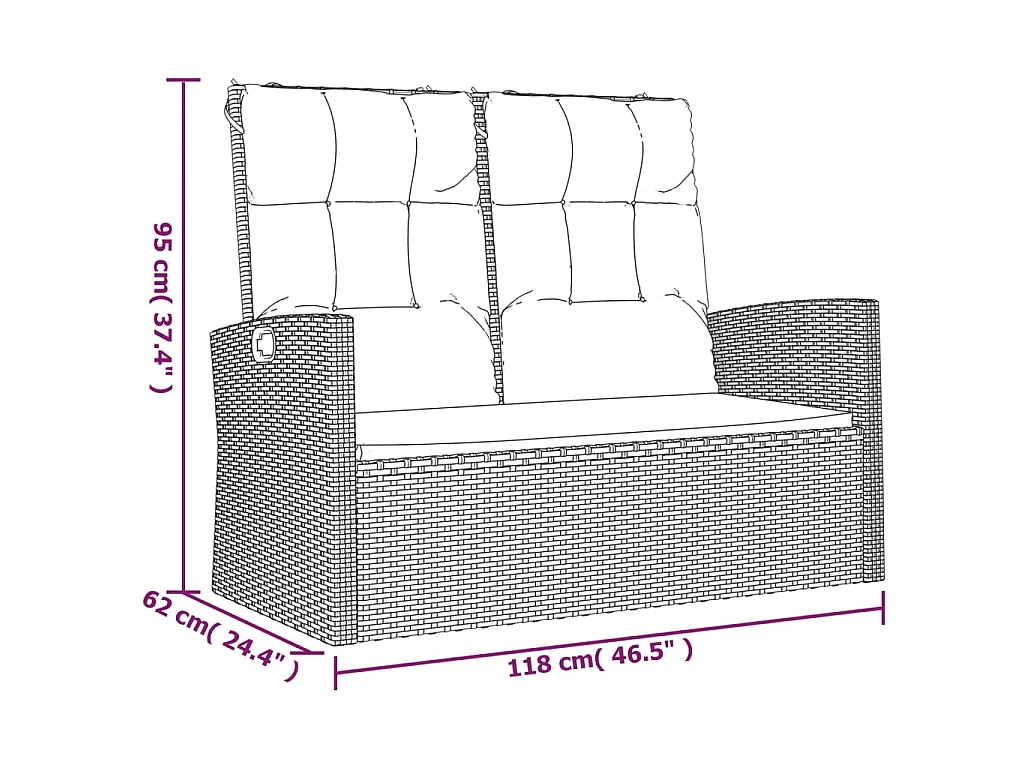 Gartenbank mit Liegefunktion & Kissen Schwarz 118cm Poly Rattan