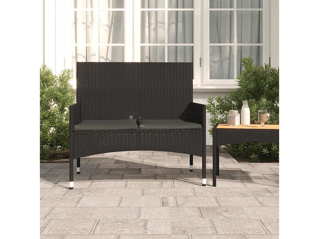 Panca da Giardino a 2 Posti con Cuscini in Polyrattan Nero