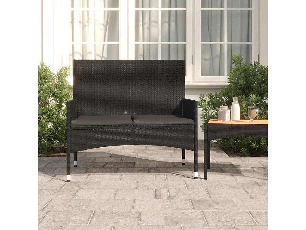 Banc de Jardin à 2 Places avec Coussins Noir Résine Tressée
