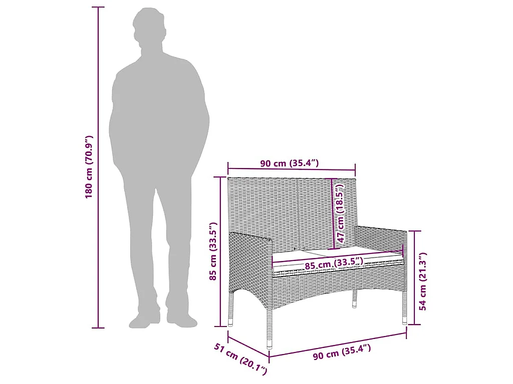 Banc de Jardin à 2 Places avec Coussins Noir Résine Tressée