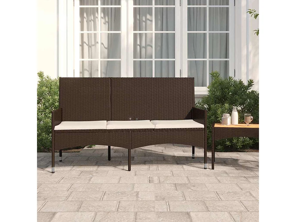 Gartenbank 3-Sitzer mit Kissen Braun Poly Rattan