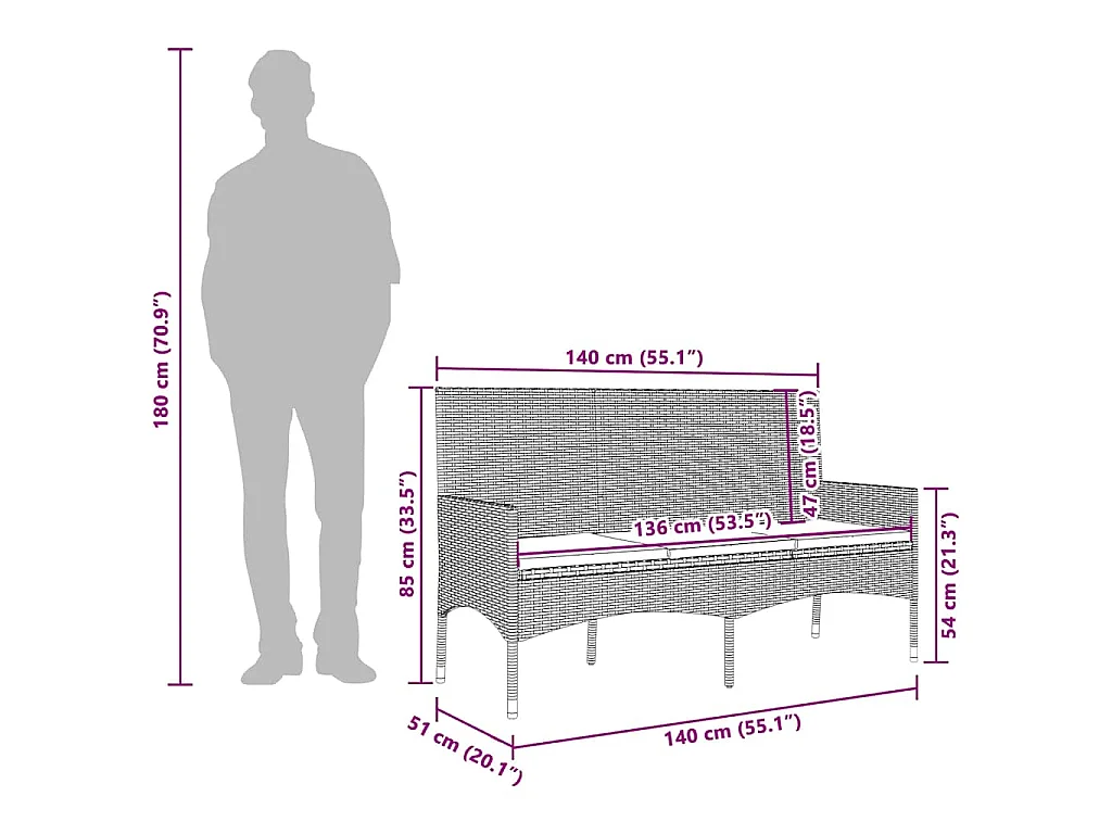 Panca da Giardino a 3 Posti con Cuscini in Polyrattan Marrone