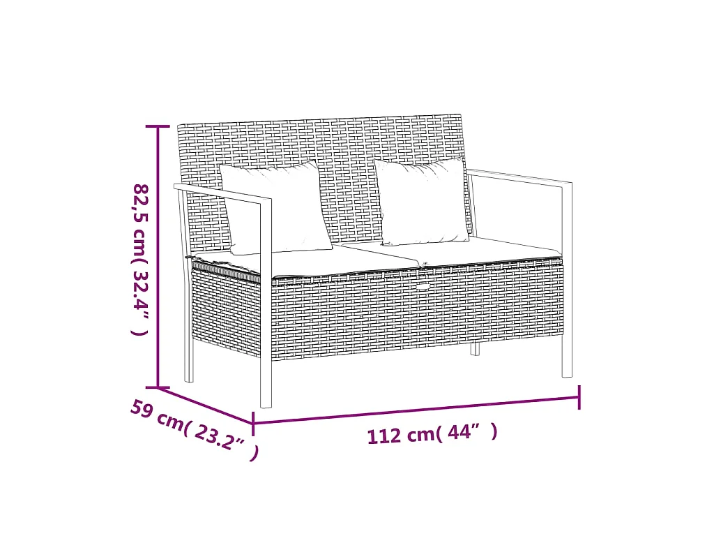 Banc de Jardin à 2 Places avec Coussins Noir Résine Tressée