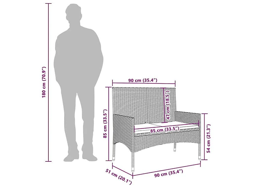 Gartenbank 2-Sitzer mit Kissen Braun Poly Rattan