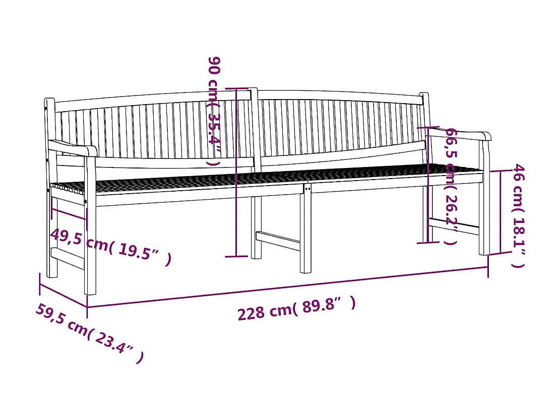 Banc de jardin 228x59,5x90 cm bois de teck solide