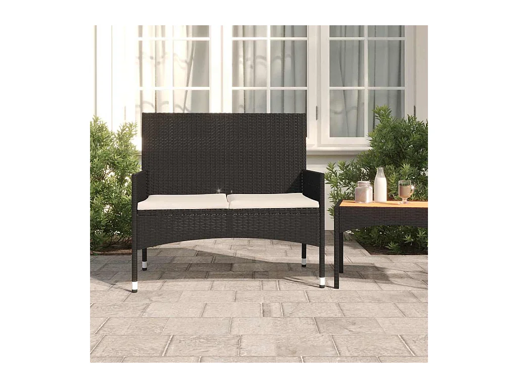 Panca da Giardino a 2 Posti con Cuscini in Polyrattan Nero