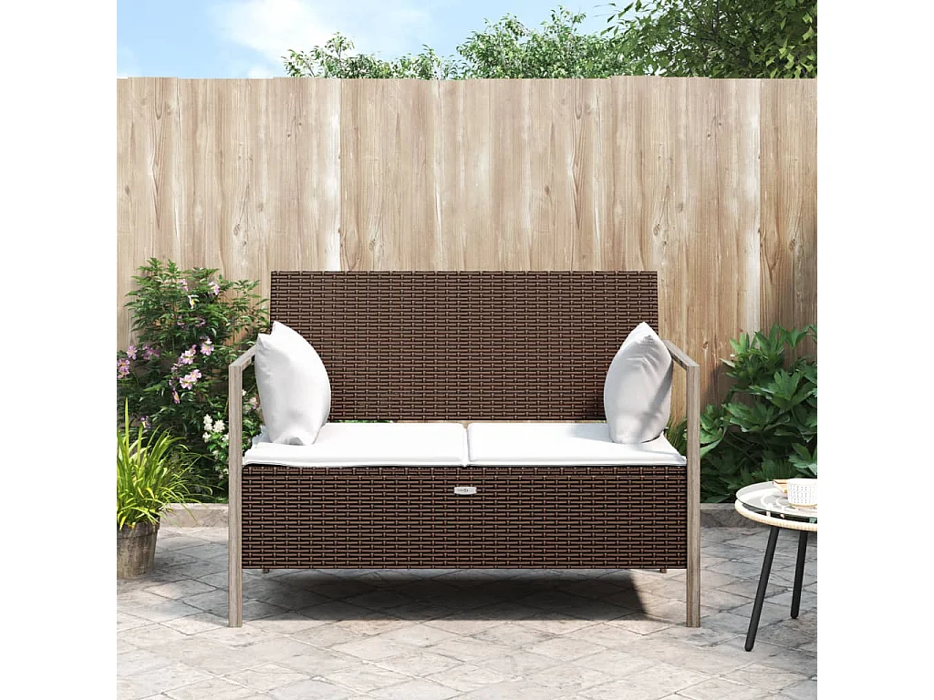Gartenbank 2-Sitzer mit Kissen Braun Poly Rattan