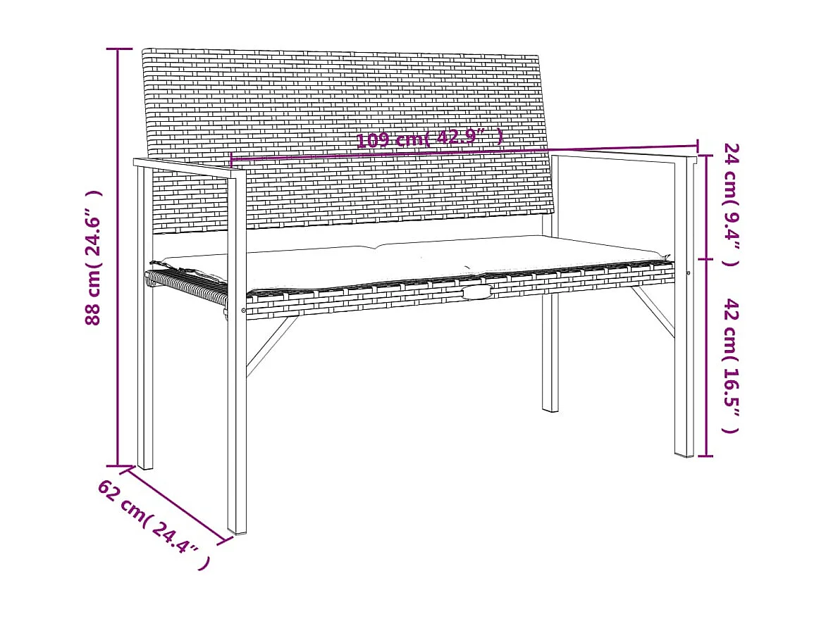 Banco de jardim de 2 lugares com almofadão vime PE cinzento