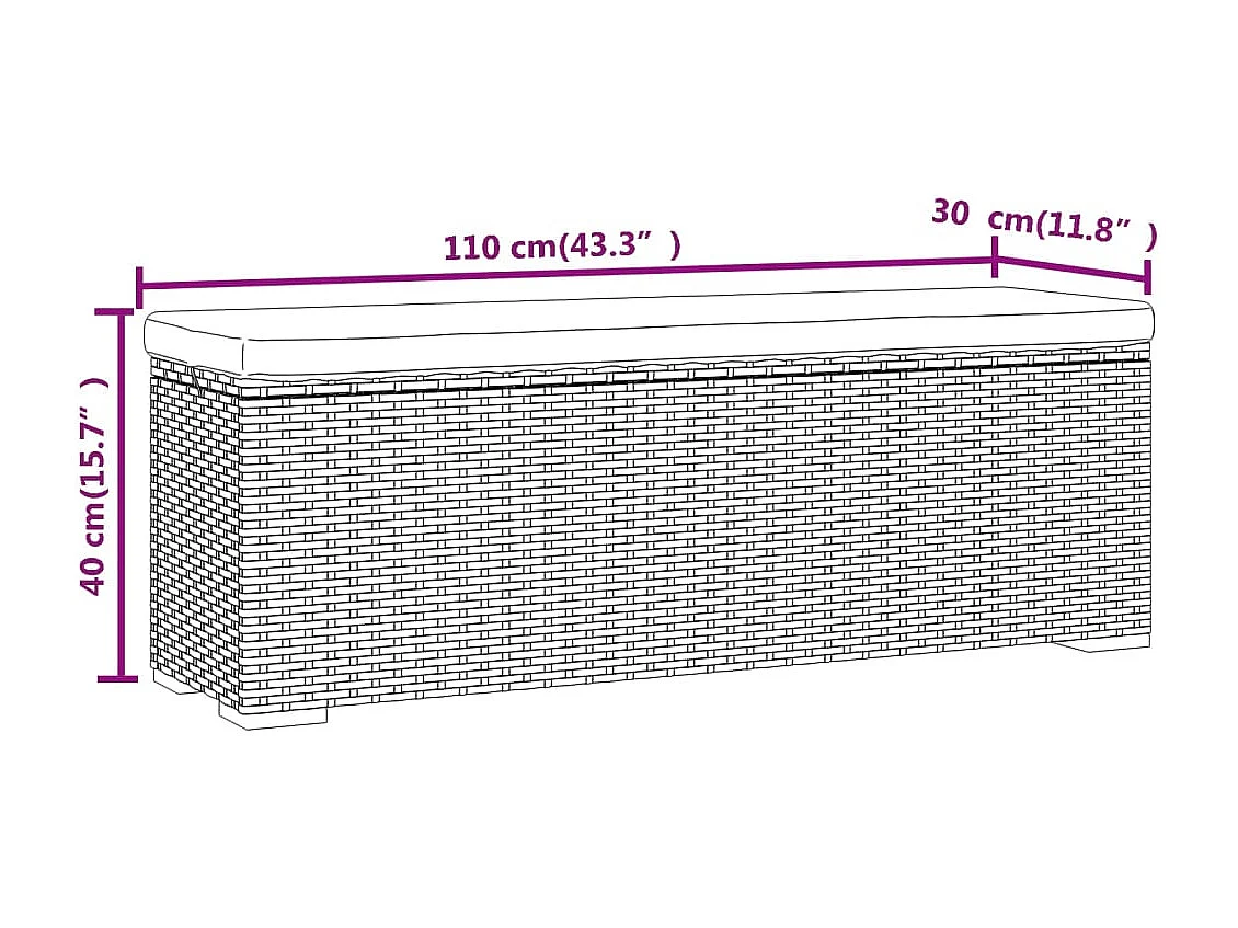 Banc pouf avec coussin noir 110x30x40 cm résine tressée