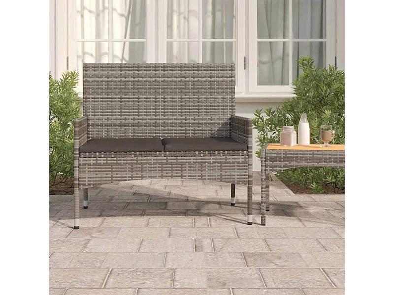 Gartenbank 2-Sitzer mit Kissen Grau Poly Rattan