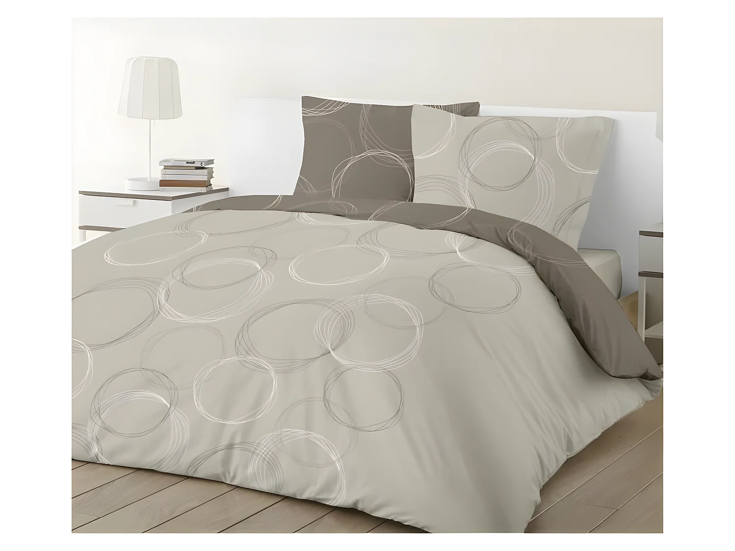 Parure de couette Lenny réversible en 100% coton - 240 x 260 cm - Taupe, beige, marron et blanc