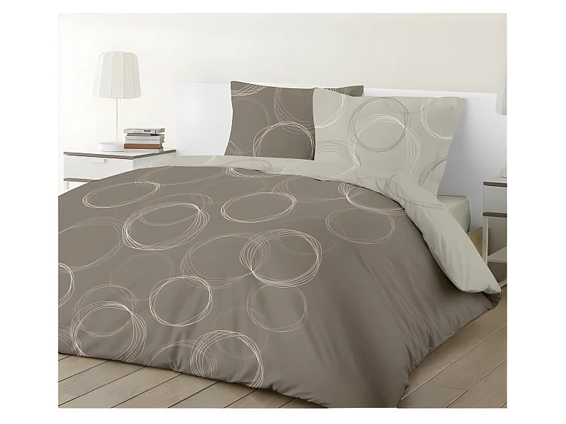 Parure de couette Lenny réversible en 100% coton - 240 x 260 cm - Taupe, beige, marron et blanc