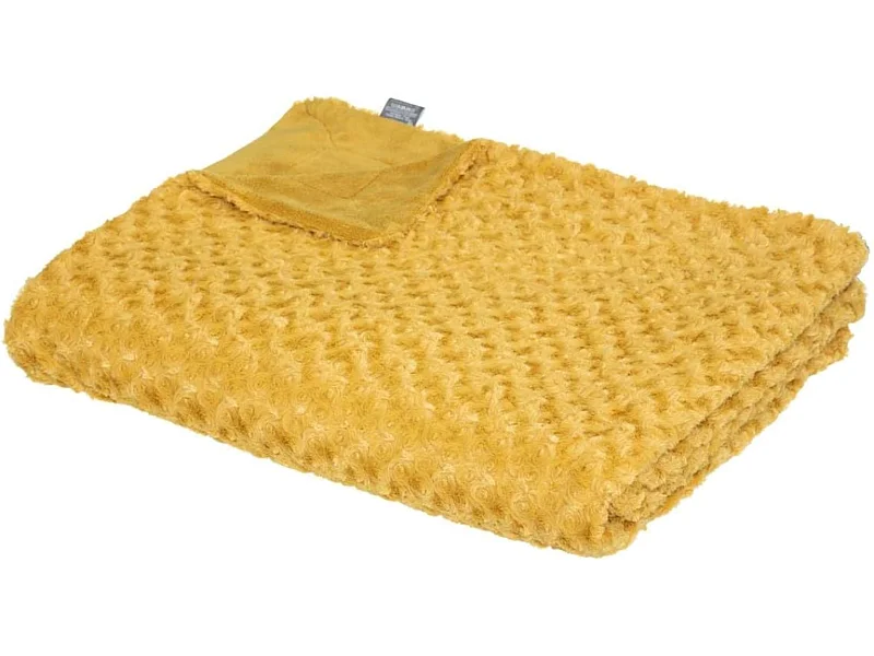 Plaid, couverture en polyester coloris jaune  Ocre -  L.  230  x P.  180  x H.  2 cm