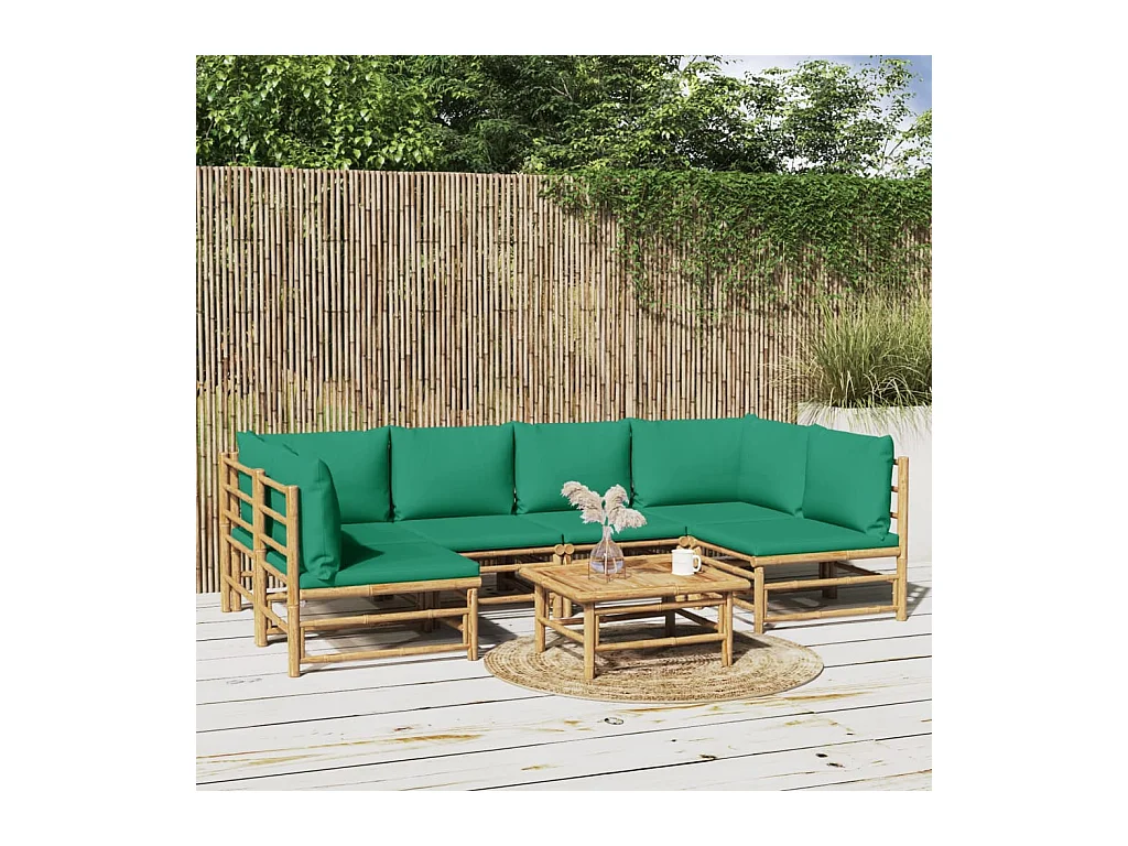 Salon de jardin 7 pcs avec coussins vert bambou