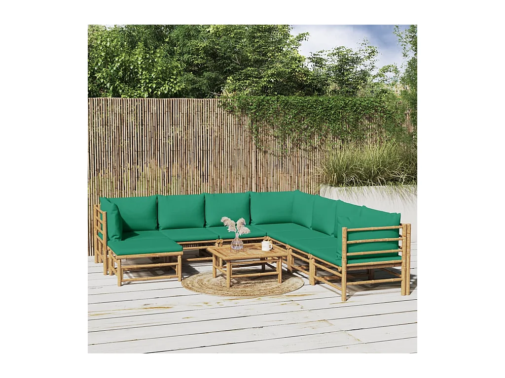 Set Salotto da Giardino 9pz con Cuscini Verdi Bambù