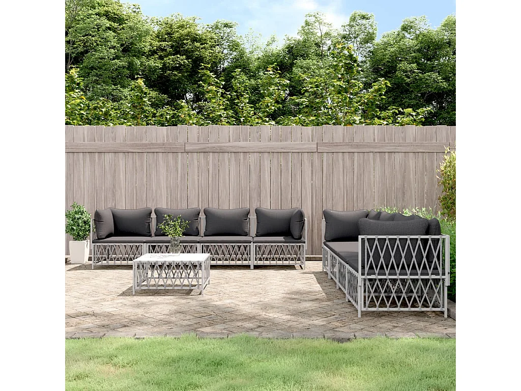 Salon de jardin avec coussins 9 pcs blanc acier