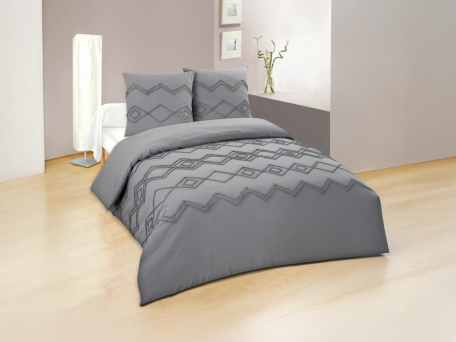 Parure de lit en coton 57 fils/cm² - Housse de couette 240 x 260 cm  + 2 taies d'oreiller 63 x 63  cm- Gris à motifs tuftés - IZAURA
