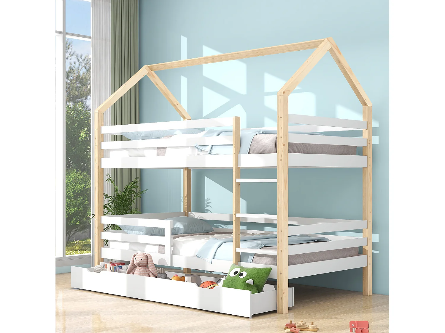 Grenenhouten bed voor kinderen met opberglades, 90 x 200 cm - wit en natuurlijk hout