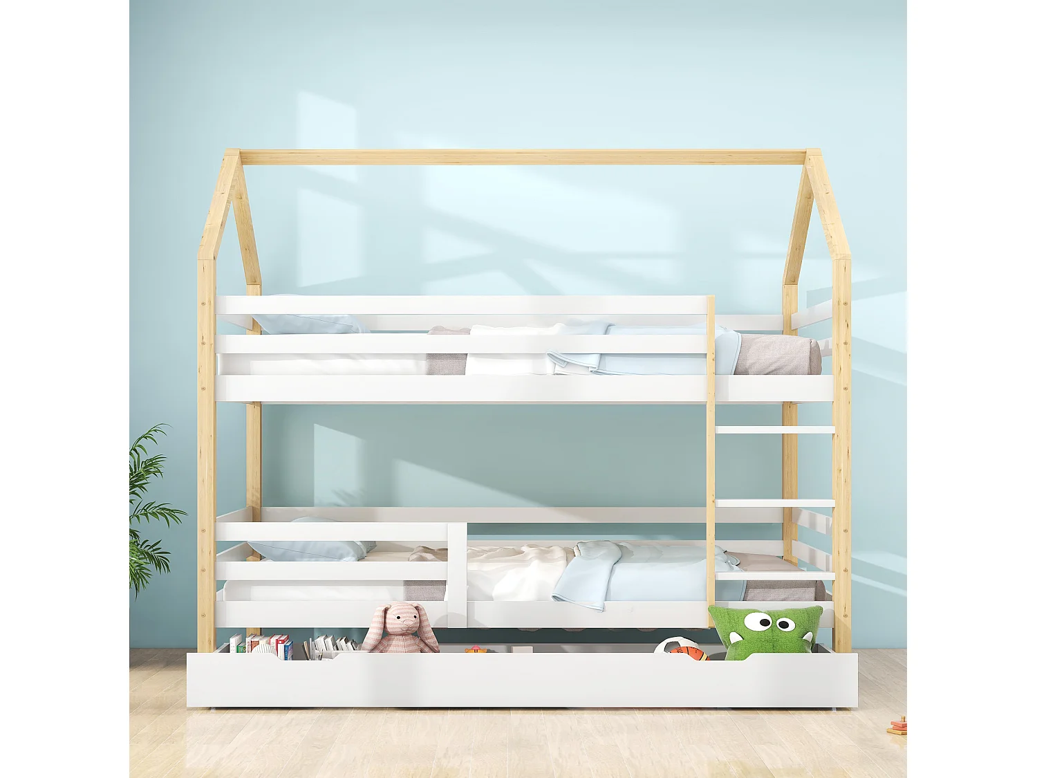 Grenenhouten bed voor kinderen met opberglades, 90 x 200 cm - wit en natuurlijk hout