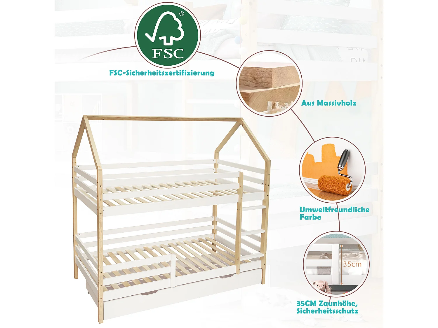 Grenenhouten bed voor kinderen met opberglades, 90 x 200 cm - wit en natuurlijk hout