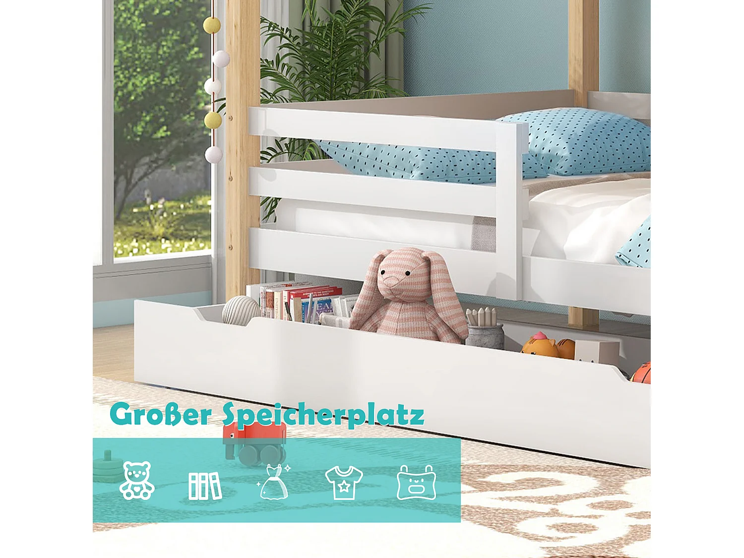 Grenenhouten bed voor kinderen met opberglades, 90 x 200 cm - wit en natuurlijk hout