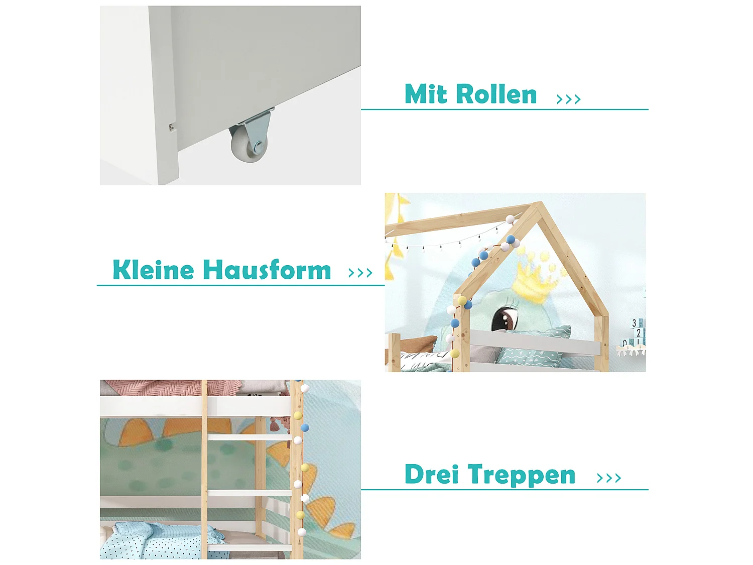 Grenenhouten bed voor kinderen met opberglades, 90 x 200 cm - wit en natuurlijk hout