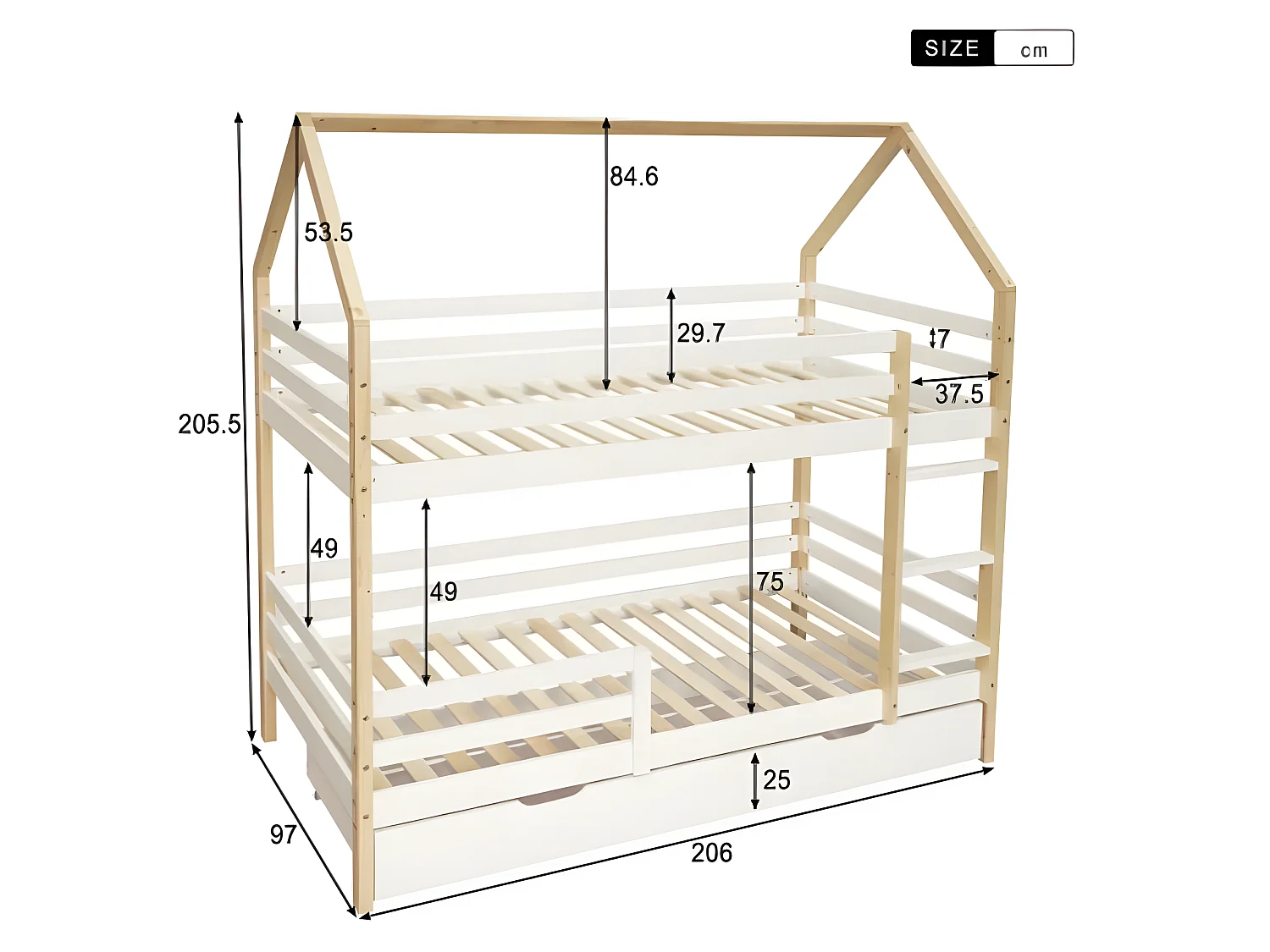 Grenenhouten bed voor kinderen met opberglades, 90 x 200 cm - wit en natuurlijk hout
