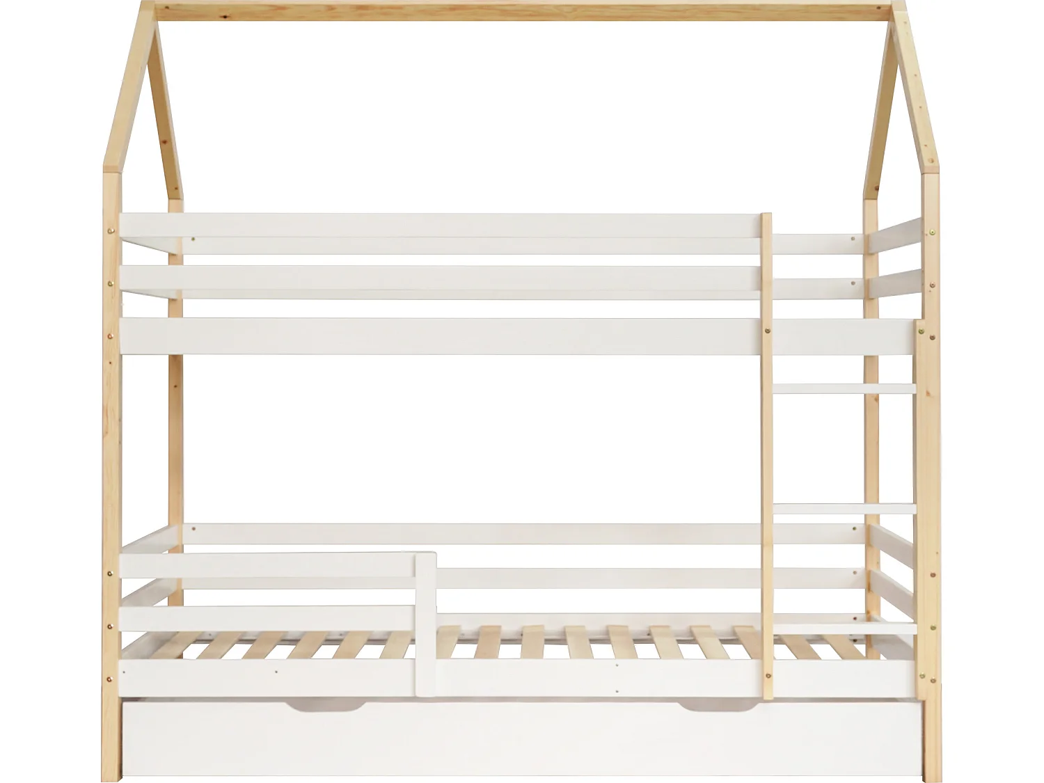 Grenenhouten bed voor kinderen met opberglades, 90 x 200 cm - wit en natuurlijk hout