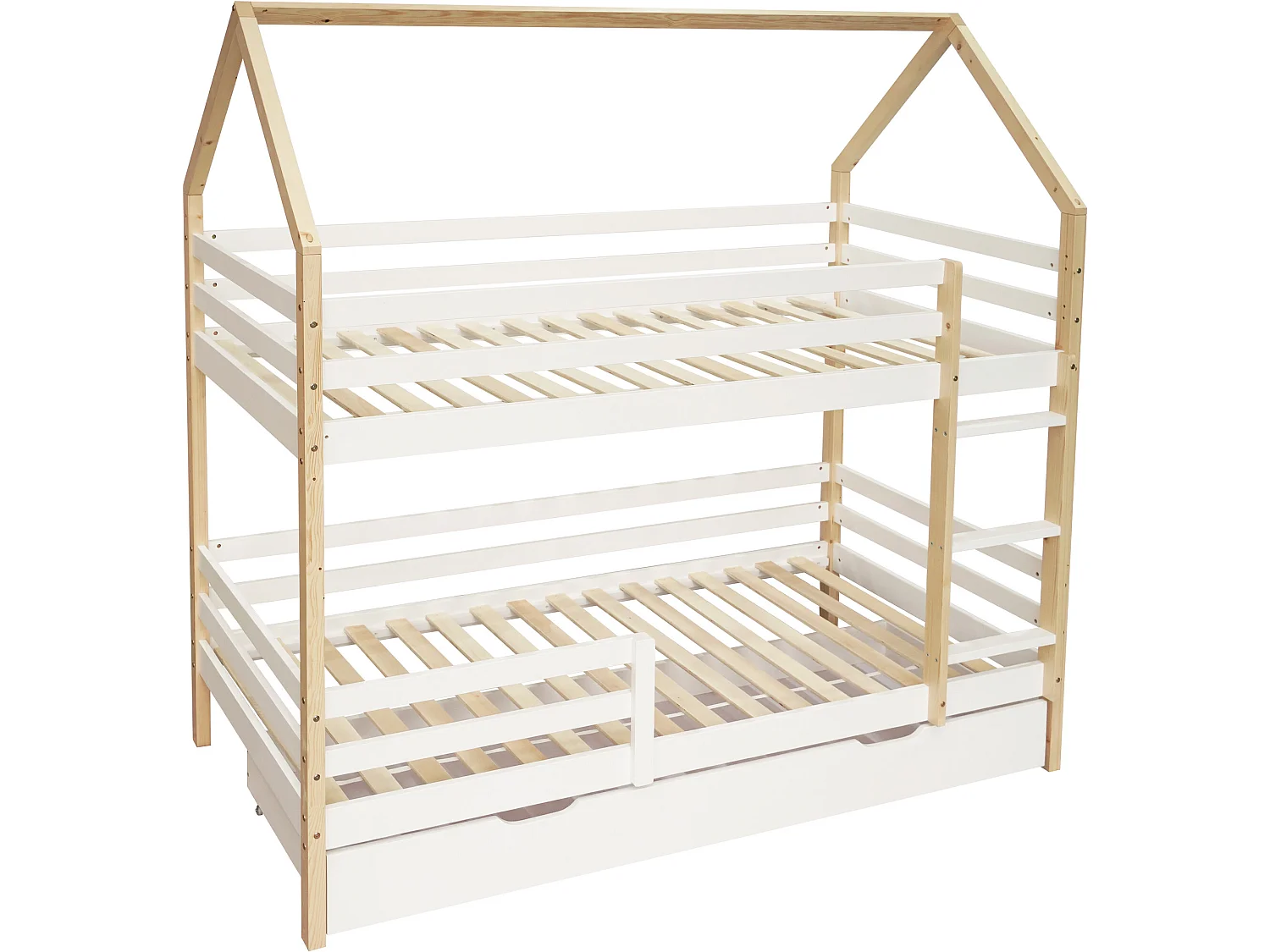 Grenenhouten bed voor kinderen met opberglades, 90 x 200 cm - wit en natuurlijk hout