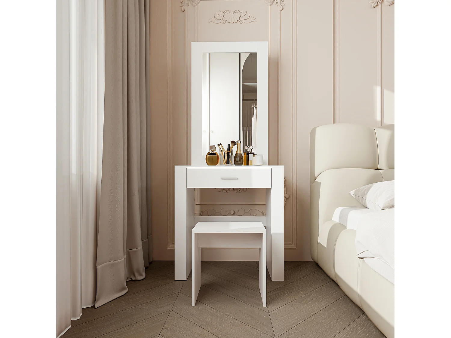 Coiffeuse avec miroirs et tabouret, coiffeuse blanche avec support à maquillage et tiroirs