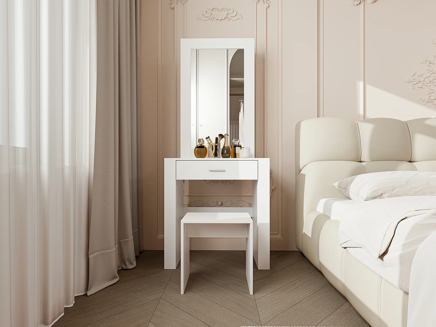 Coiffeuse avec miroirs et tabouret, coiffeuse blanche avec support à maquillage et tiroirs