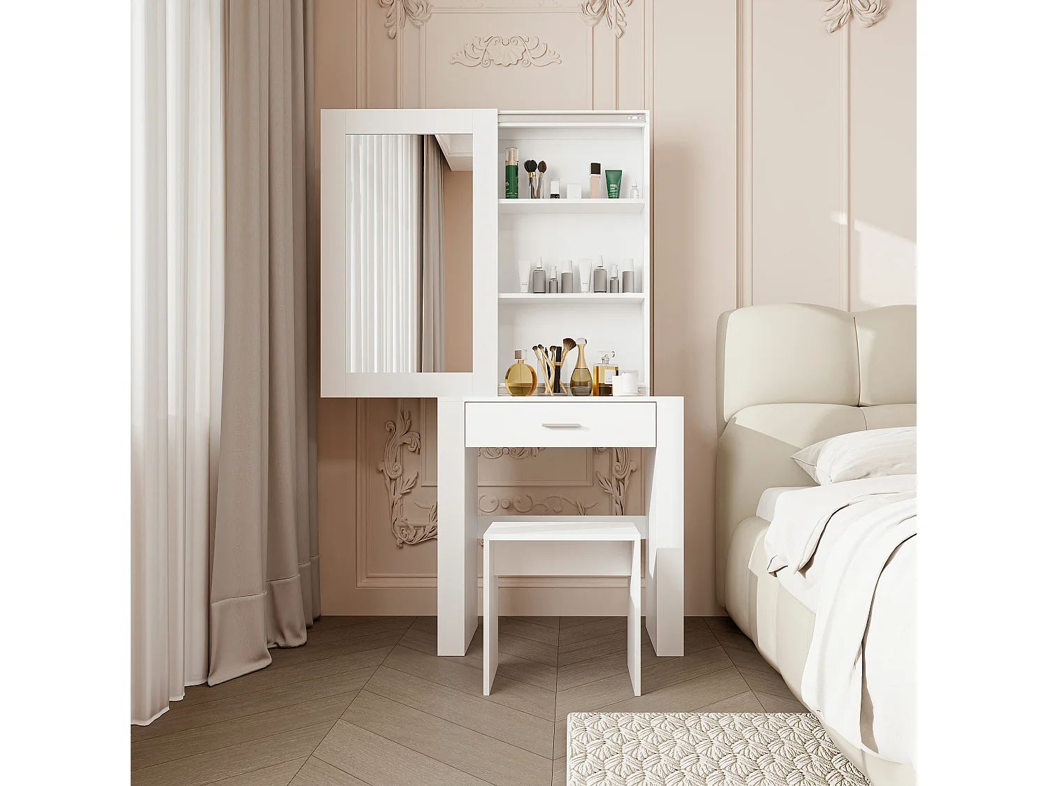 Coiffeuse avec miroirs et tabouret, coiffeuse blanche avec support à maquillage et tiroirs