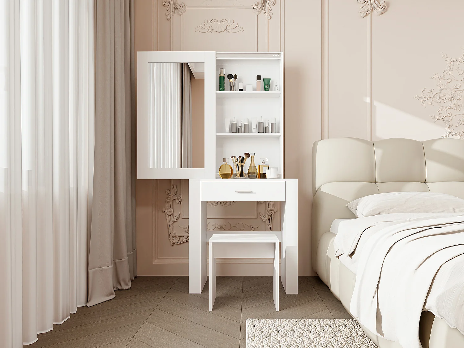 Coiffeuse avec miroirs et tabouret, coiffeuse blanche avec support à maquillage et tiroirs