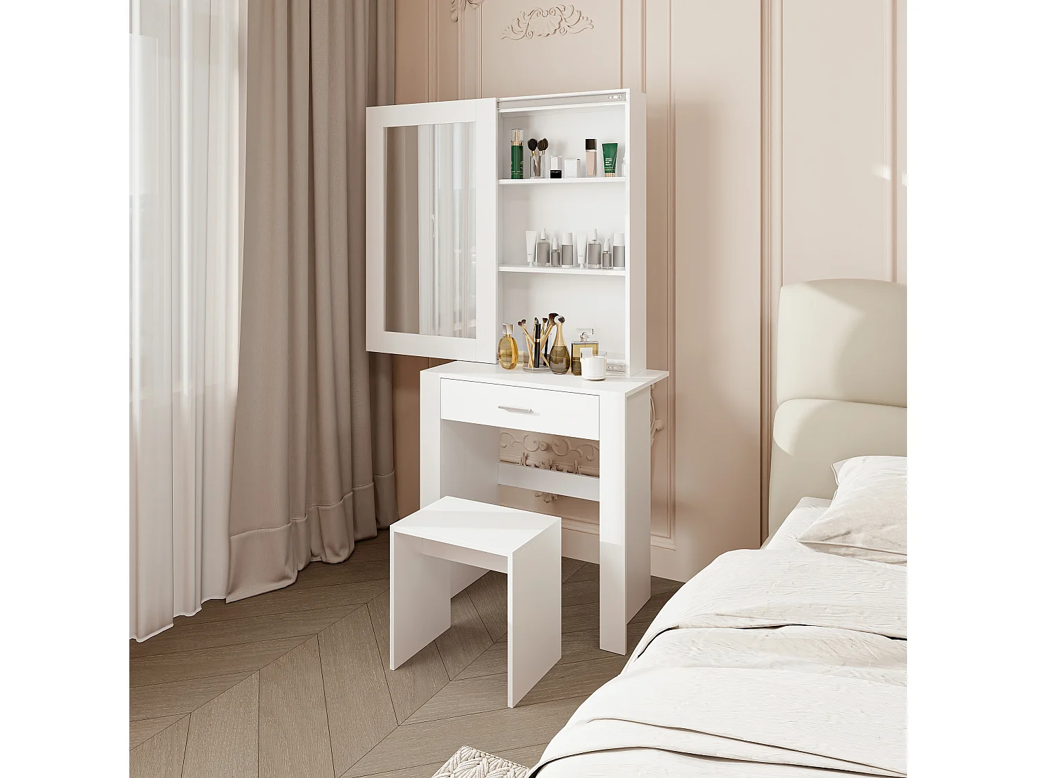 Coiffeuse avec miroirs et tabouret, coiffeuse blanche avec support à maquillage et tiroirs