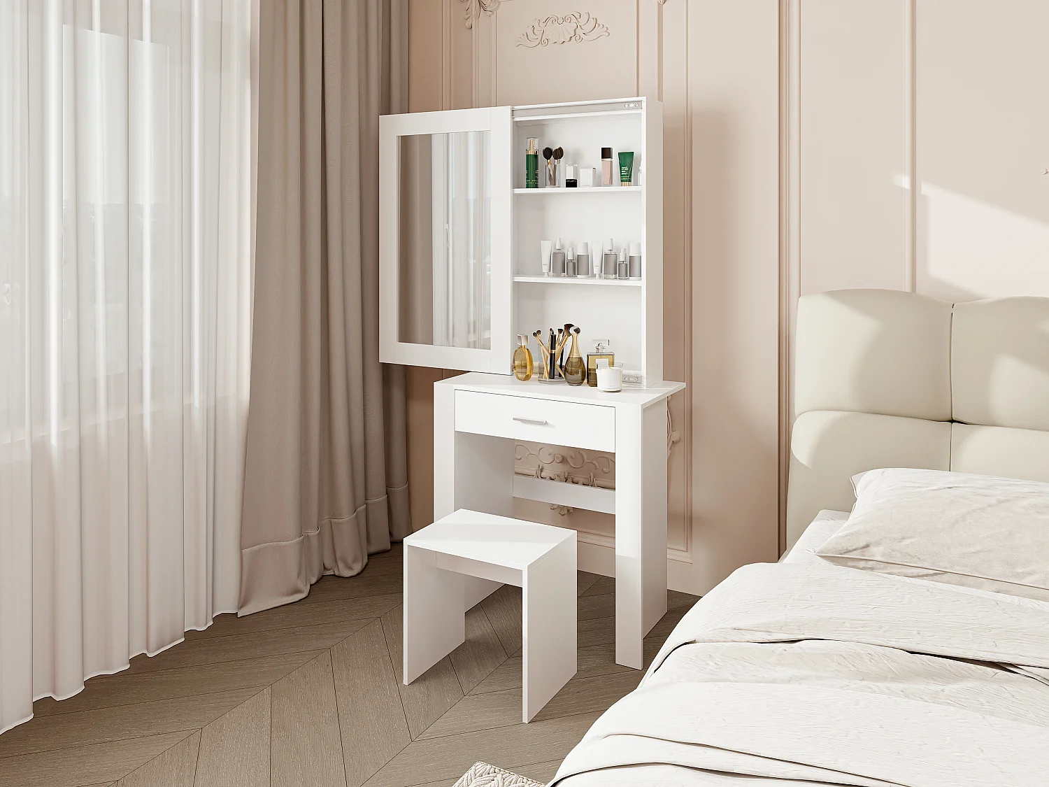 Coiffeuse avec miroirs et tabouret, coiffeuse blanche avec support à maquillage et tiroirs