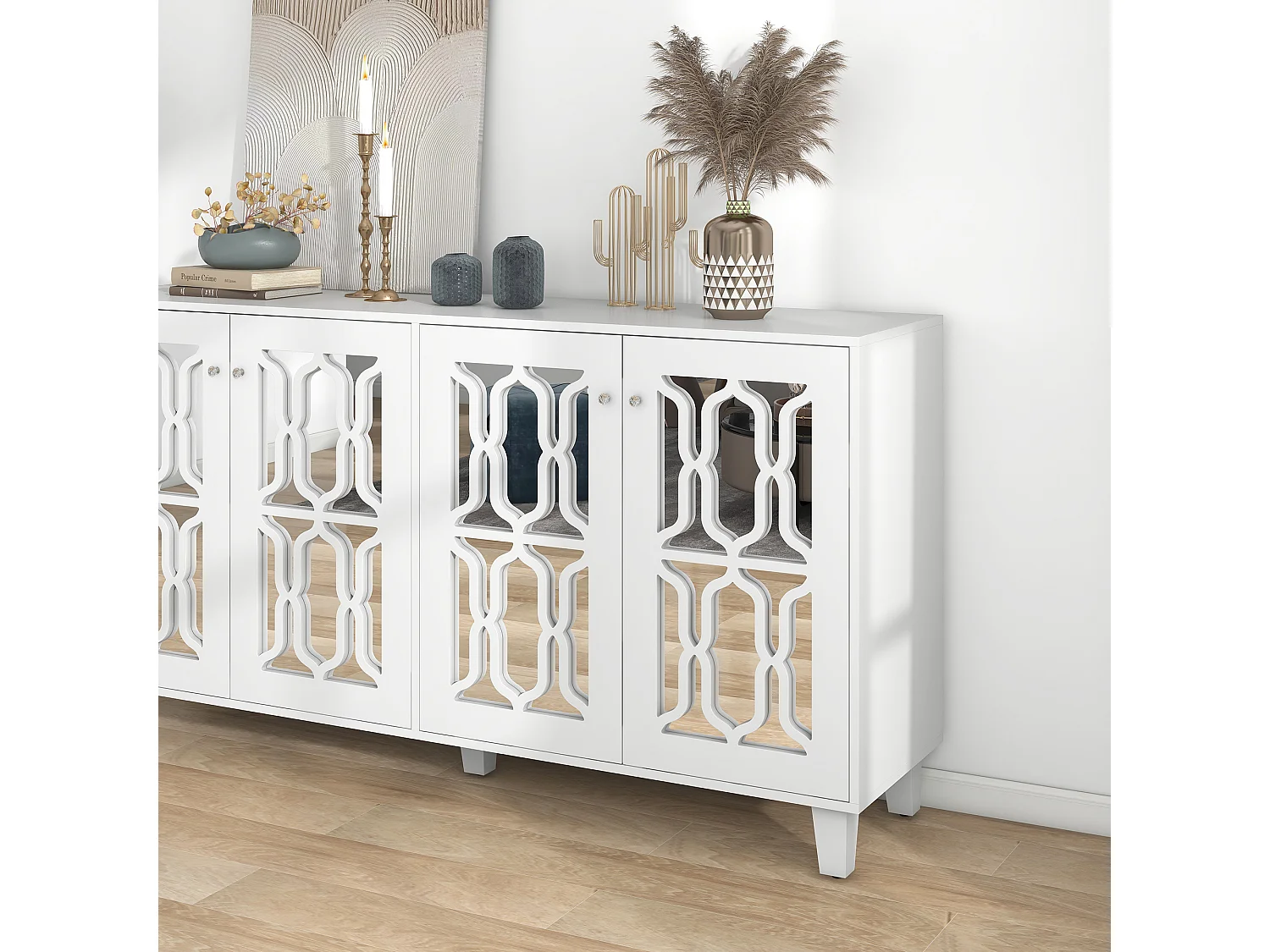 Credenza a specchio bianco con eleganti maniglie in cristallo, 4 ante 160 x 40 x 84 cm