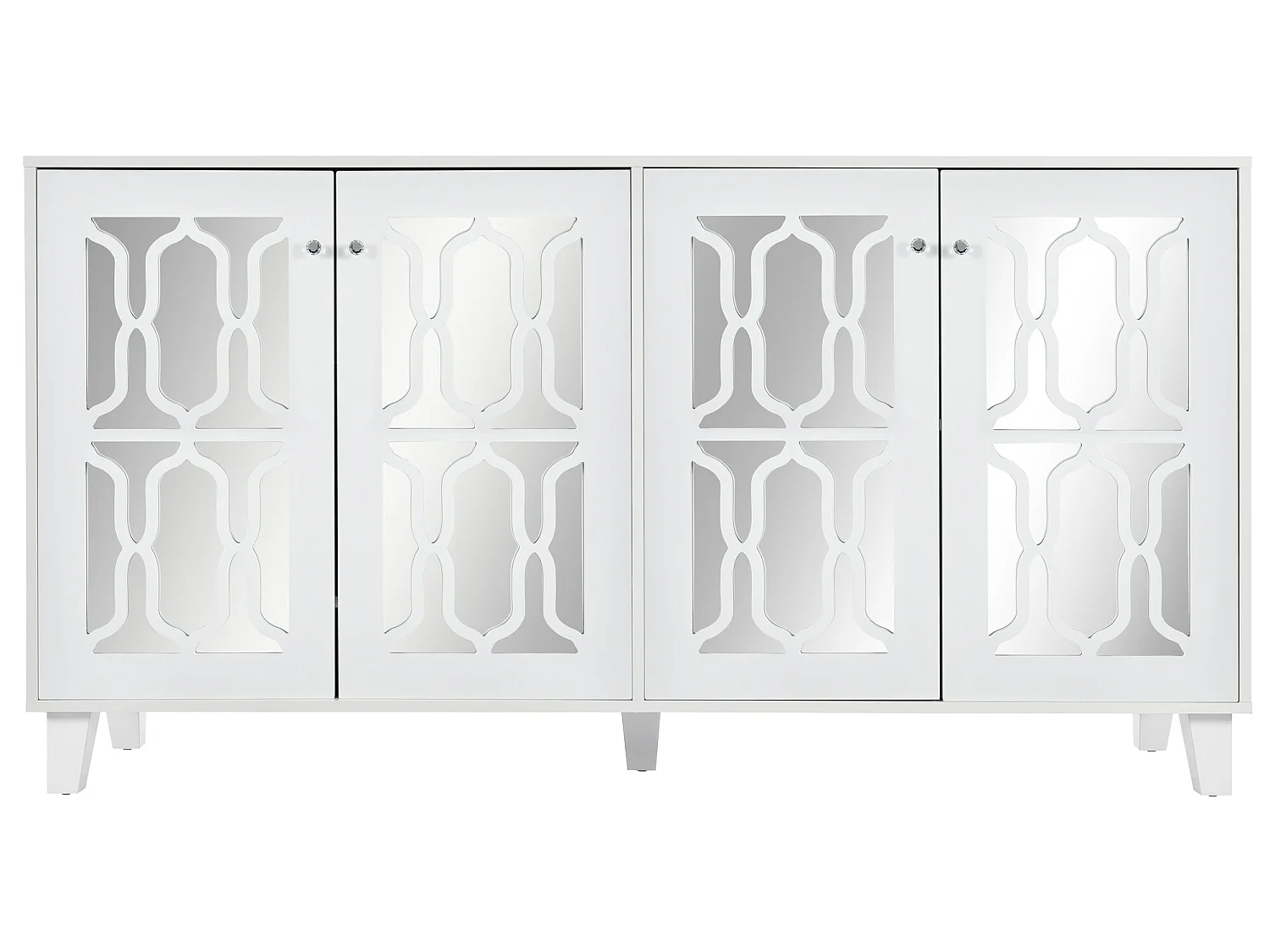 Credenza a specchio bianco con eleganti maniglie in cristallo, 4 ante 160 x 40 x 84 cm