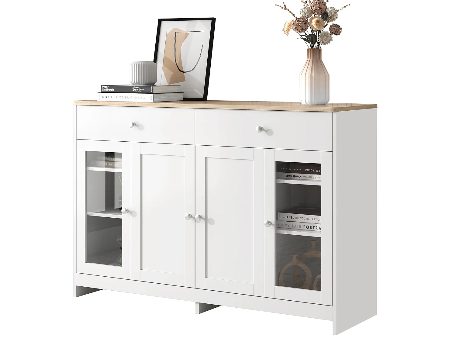 Houten dressoir met witte afwerking, 4 deuren, 2 lades en deur