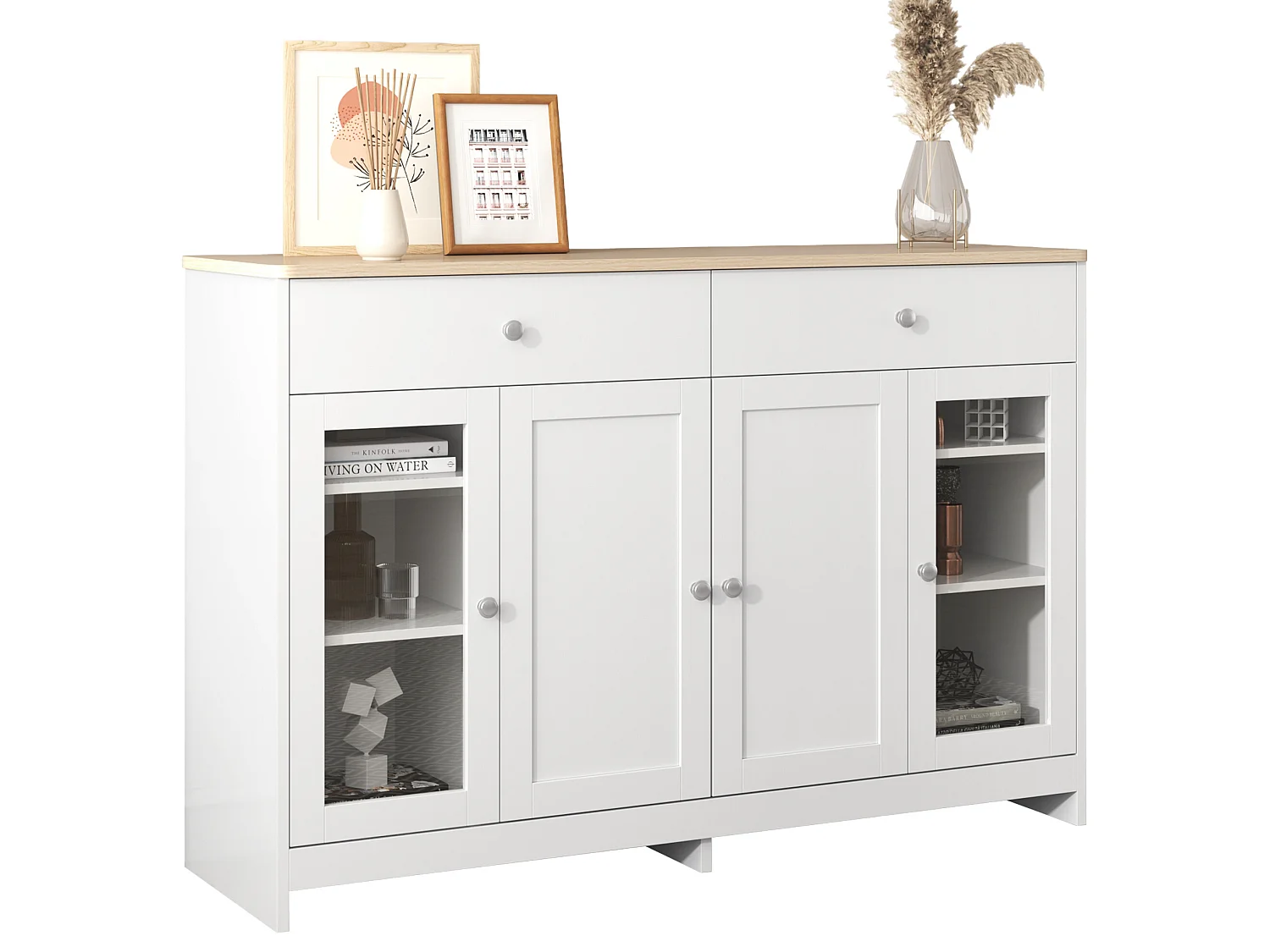 Houten dressoir met witte afwerking, 4 deuren, 2 lades en deur