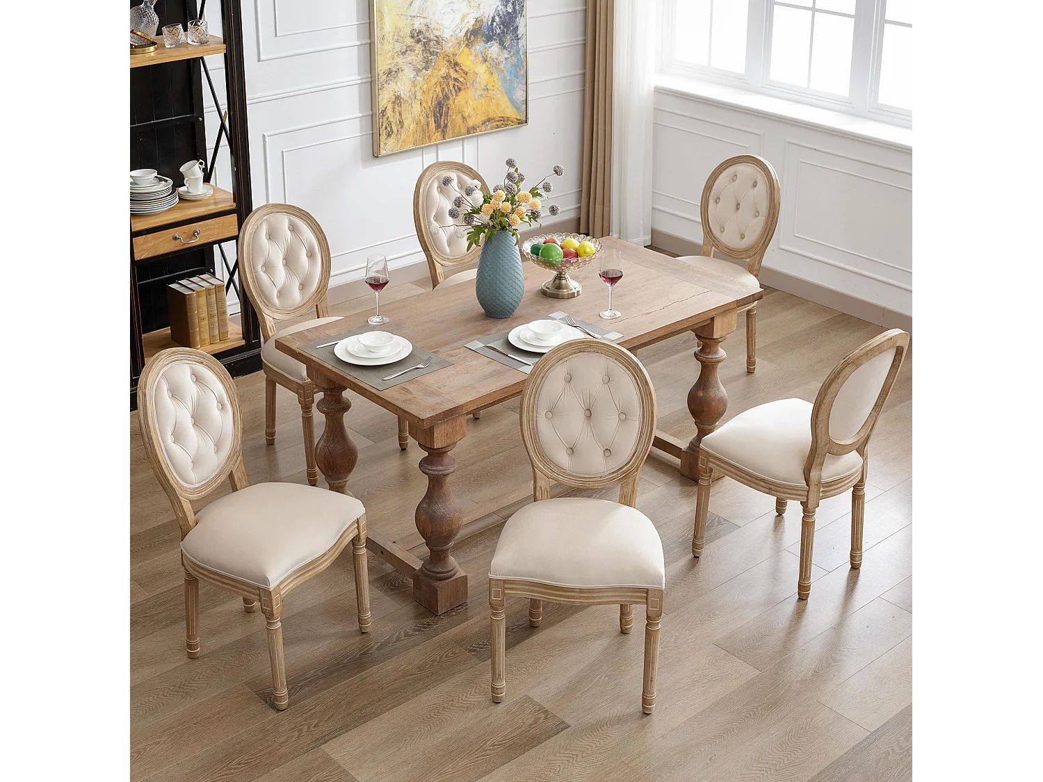 Ensemble table et chaises à manger, 6 chaises,  crème